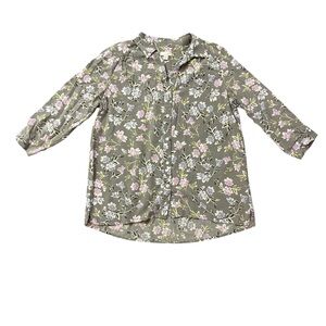 J. Jill Size Small (S) Rayon Floral Blouse Collared Shirt Olive Green Button Up